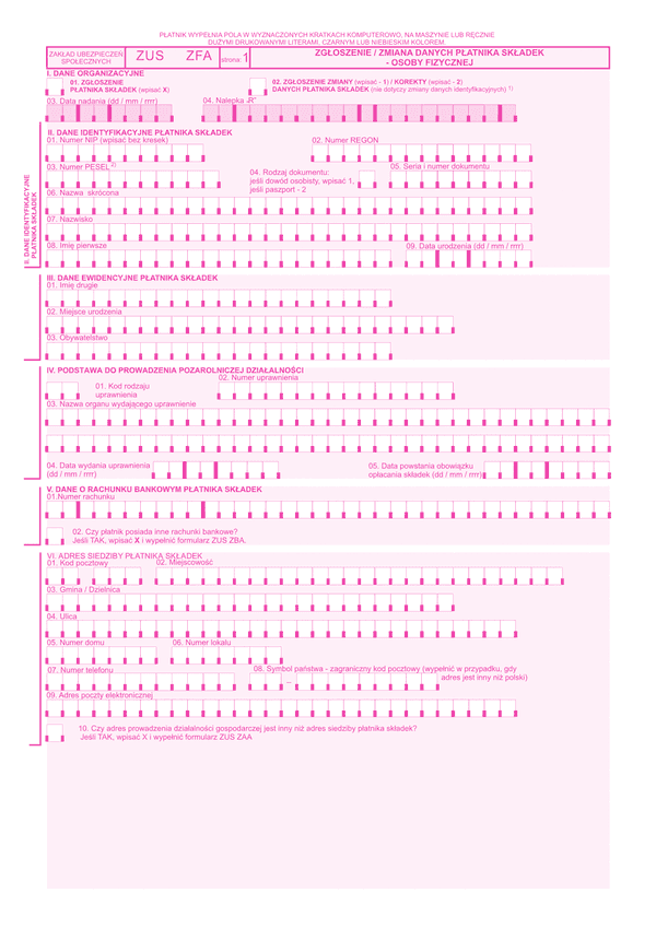 ZUS ZFA Zgłoszenie/zmiana danych płatnika składek - osoby fizycznej