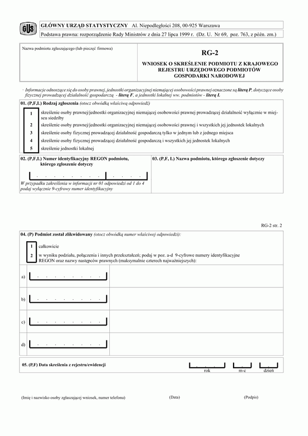 GUS RG-2  (archiwalny) Wniosek o skreślenie podmiotu z krajowego rejestru urzędowego podmiotów gospodarki narodowej