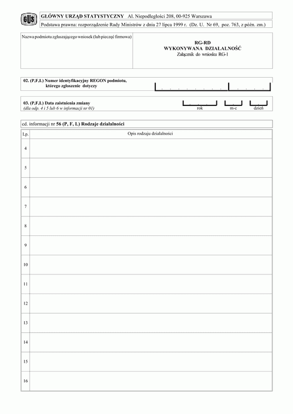 GUS RG-RD (archiwalny) Wykonywana działalność