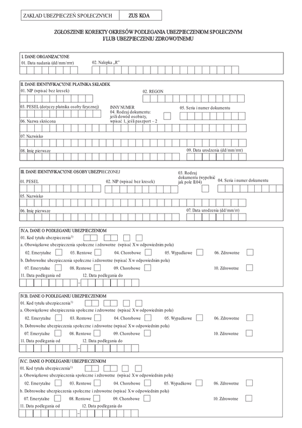ZUS KOA Zgłoszenie korekty okresów podlegania ubezpieczeniom społecznym i/lub ubezpieczeniu zdrowotnemu