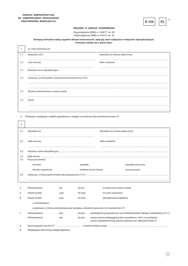 ZUS-E 124 Wniosek o zasiłek pogrzebowy