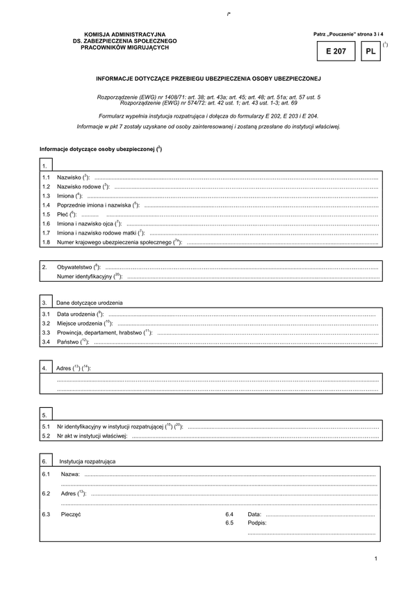 ZUS E 207 (archiwalny) Informacje dotyczące przebiegu ubezpieczenia osoby ubezpieczonej