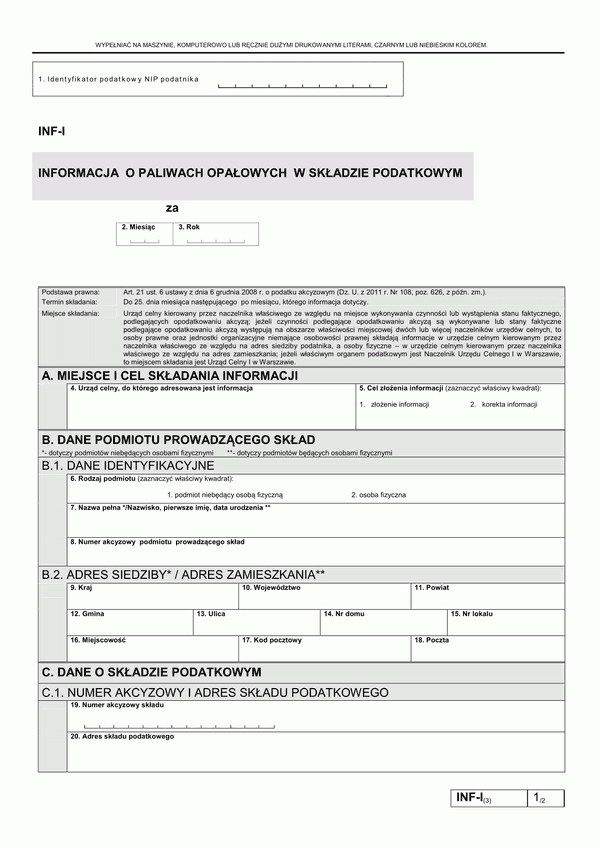 INF-I (3) (od 2012) (archiwalny) Informacja o paliwach opałowych w składzie podatkowym