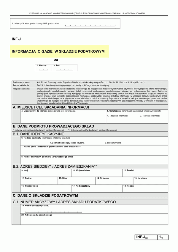 INF-J (3) (od 2012) (archiwalny) Informacja o gazie w składzie podatkowym