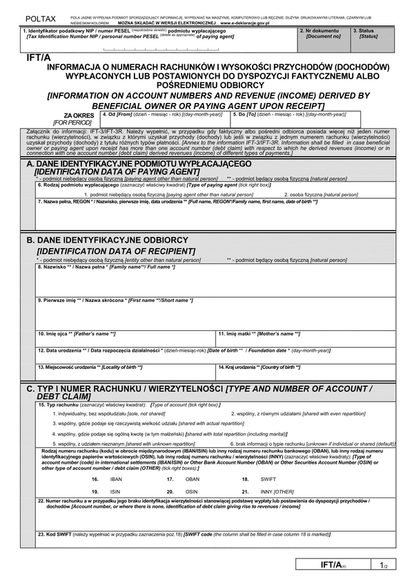 IFT/A (4) (2012, 2013, 2014) (archiwalny) Informacja o numerach rachunków i wysokości przychodów (dochodów) wypłaconych lub postawionych do dyspozycji faktycznemu albo pośredniemu odbiorcy