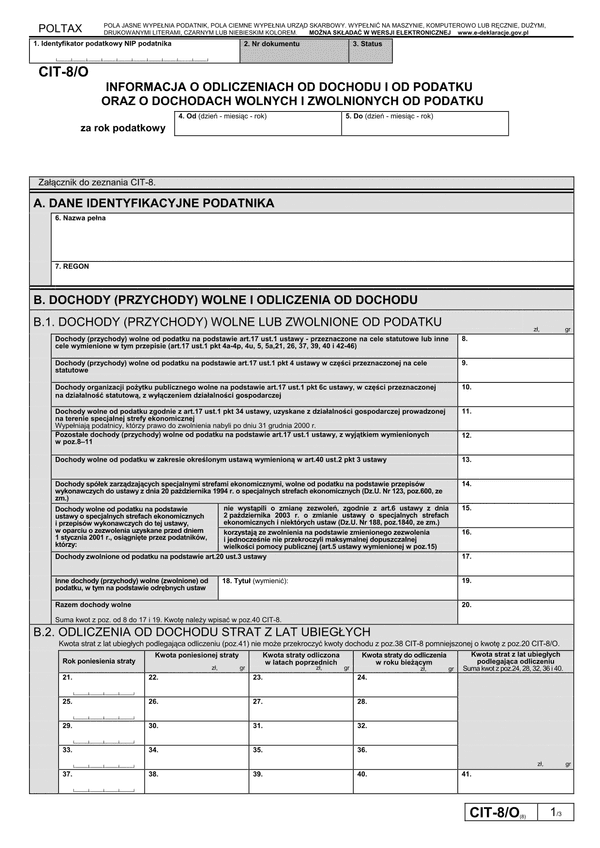 CIT-8/O (8) (archiwalny) Informacja o odliczeniach od dochodu i od podatku oraz o dochodach wolnych i zwolnionych od podatku