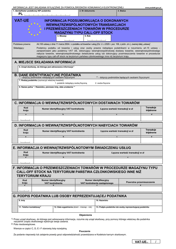 Deklaracja VAT-UE Informacja podsumowująca o dokonanych wewnątrzwspólnotowych transakcjach