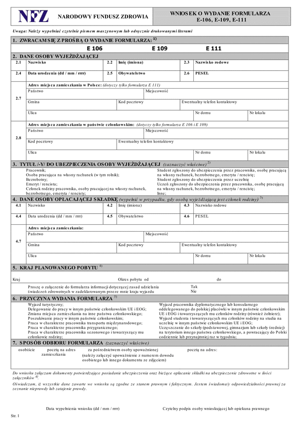 NFZ WNE-106 Wniosek o wydanie formularza E-106, E-109, E-111