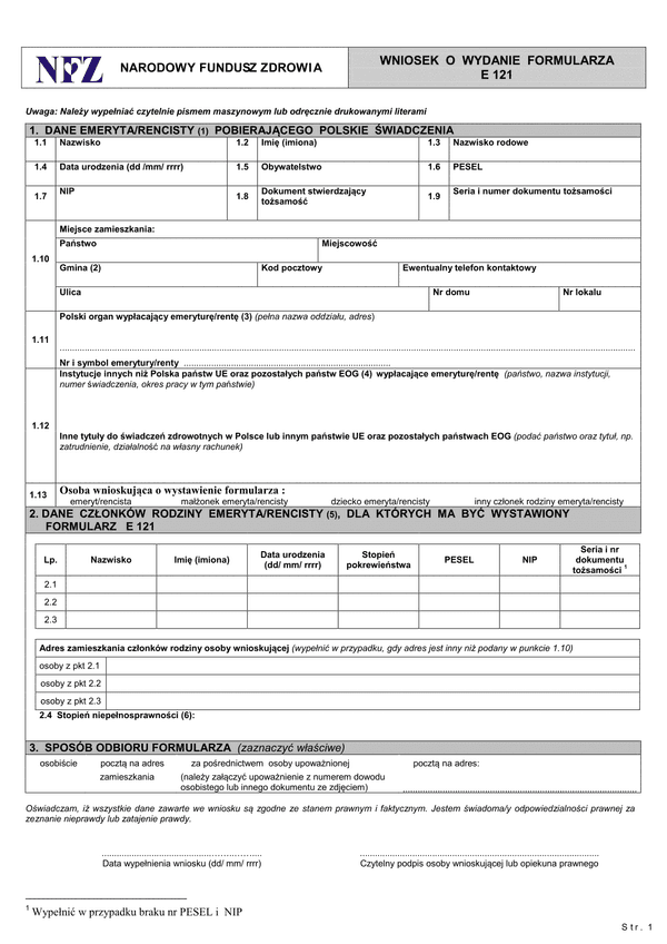 NFZ WNE-121 (archiwalny) Wniosek o wydanie formularza E-121