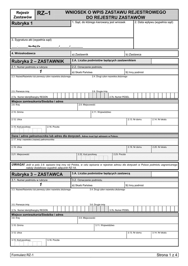 RZ-1 Wniosek o wpis zastawu rejestrowego do rejestru zastawów