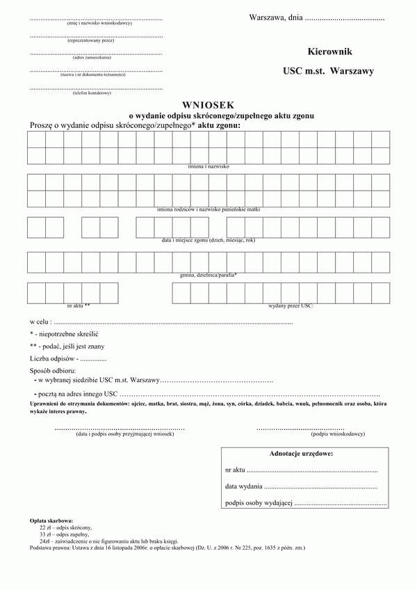 WoWaZ-Wa (archiwalny) Wniosek o wydanie odpisu skróconego/pełnego aktu zgonu - Warszawa