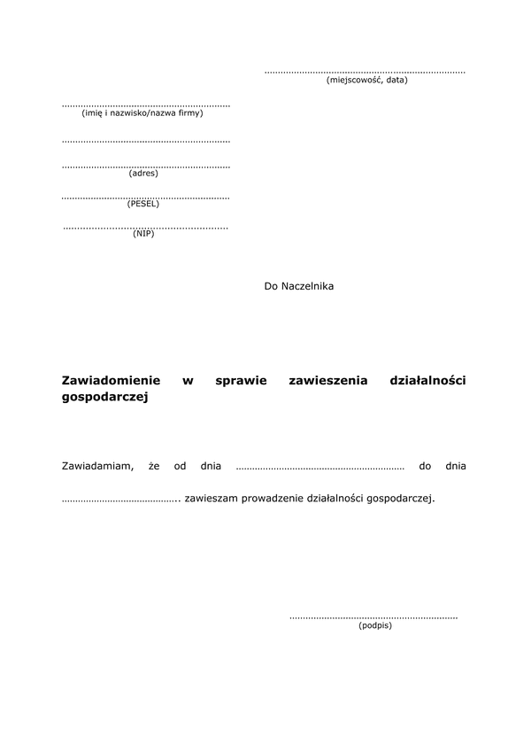 ZZDG Zawiadomienie w sprawie zawieszenia działalności gospodarczej