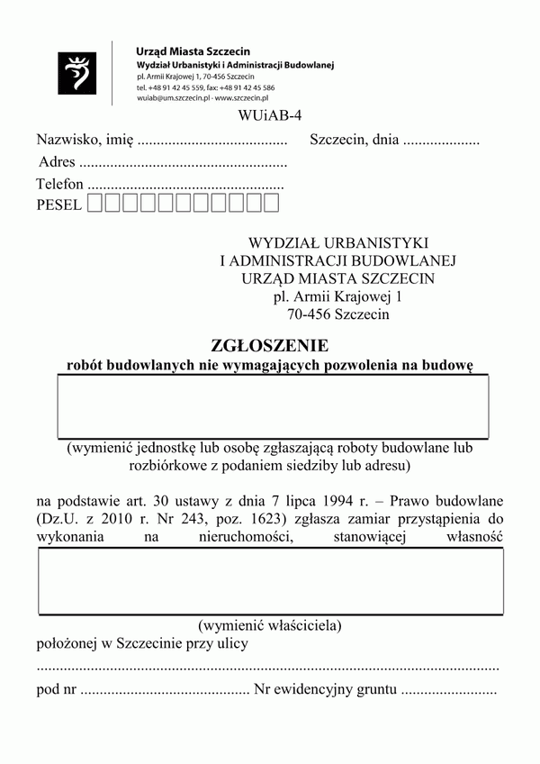 ZRB-Sz (archiwalny) Zgłoszenie robót budowlanych nie wymagających pozwolenia na budowę Szczecin