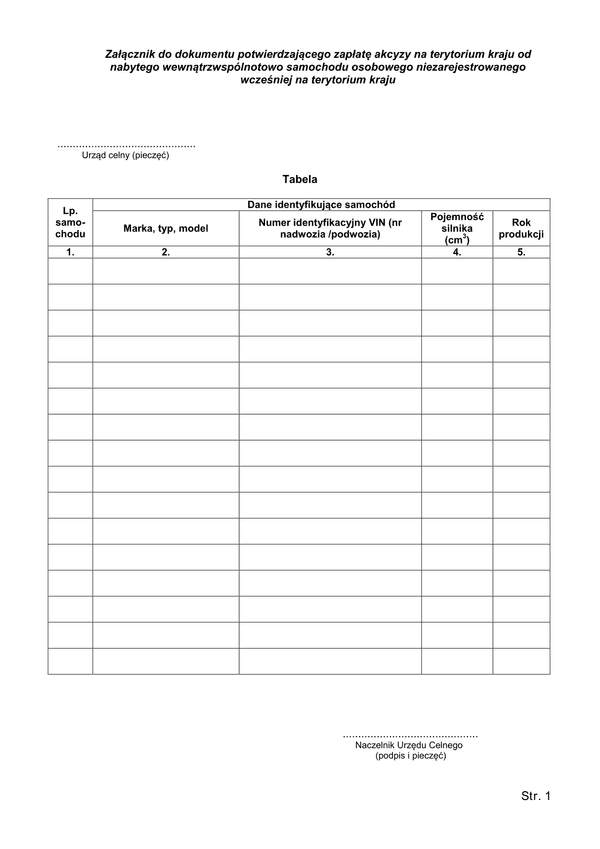DPZA-zal Załącznik do dokumentu potwierdzającego zapłatę akcyzy na terytorium kraju od nabytego wewnątrzwspólnotowo samochodu osobowego niezarejestrowanego wcześniej na terytorium kraju