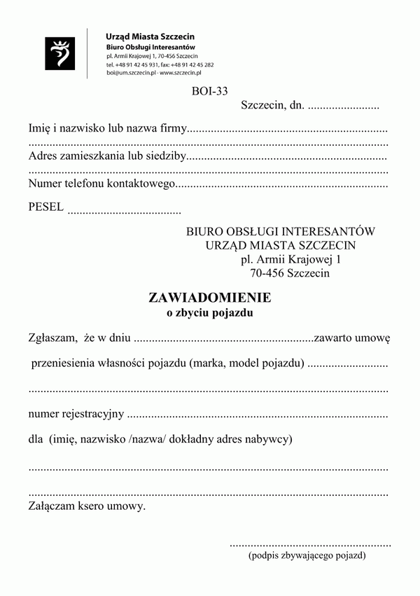 ZZP-Sz Zawiadomienie o zbyciu pojazdu Szczecin