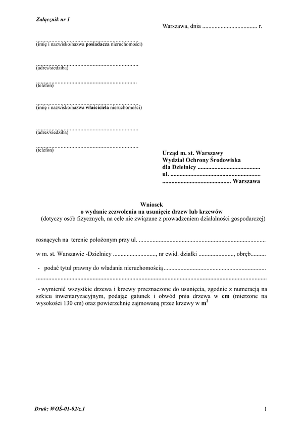 WWD-Wa (OF) Wniosek o wydanie zezwolenia na usunięcie drzew lub krzewów (osoba fizyczna) Warszawa 