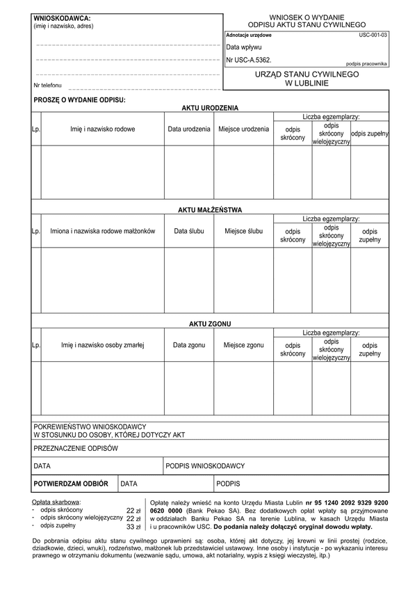 WOWAC-L (archiwalny) Wniosek o wydanie odpisu aktu stanu cywilnego Lublin