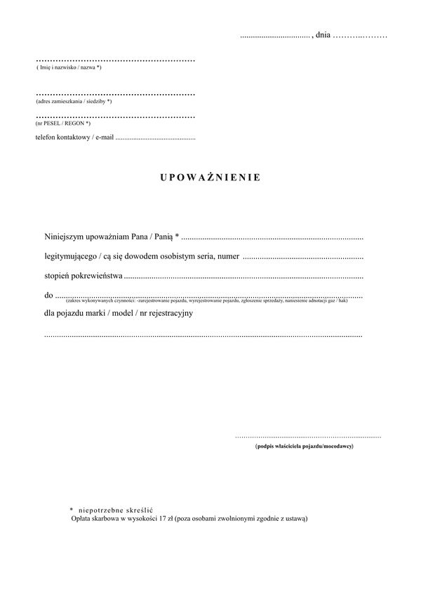 RWP-U Upoważnienie rejestracja/wyrejestrowanie pojazdu 