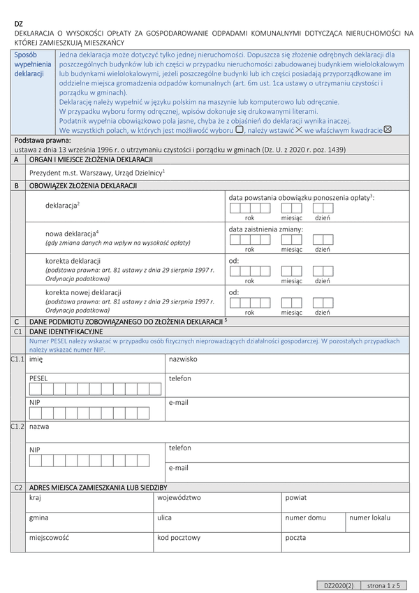 D-Z (archiwalny) Deklaracja o wysokości opłaty za gospodarowanie odpadami komunalnymi dotycząca nieruchomości na której zamieszkują mieszkańcy(Warszawa)