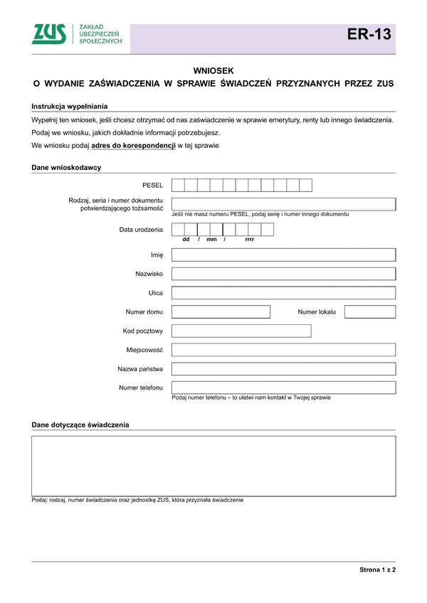 ZUS ER-13 (archiwalny) Wniosek o wydanie zaświadczenia w sprawie świadczeń przyznanych przez ZUS