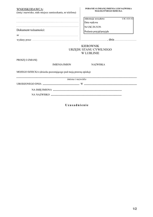WZIN-L(OM) Wniosek o zmianę imienia i nazwiska Lublin (osoba małoletnia) Lublin