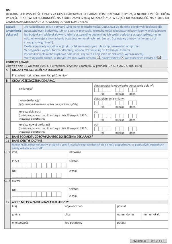D-M (archiwalny) Deklaracja o wysokości opłaty za gospodarowanie odpadami komunalnymi dla nieruchomości, która w części stanowi nieruchomość, na której zamieszkują mieszkańcy