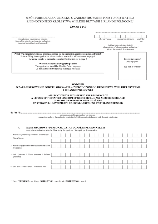 WoZPOZK Wniosek o zarejestrowanie pobytu obywatela Zjednoczonego Królestwa Wielkiej Brytanii i Irlandii Północnej