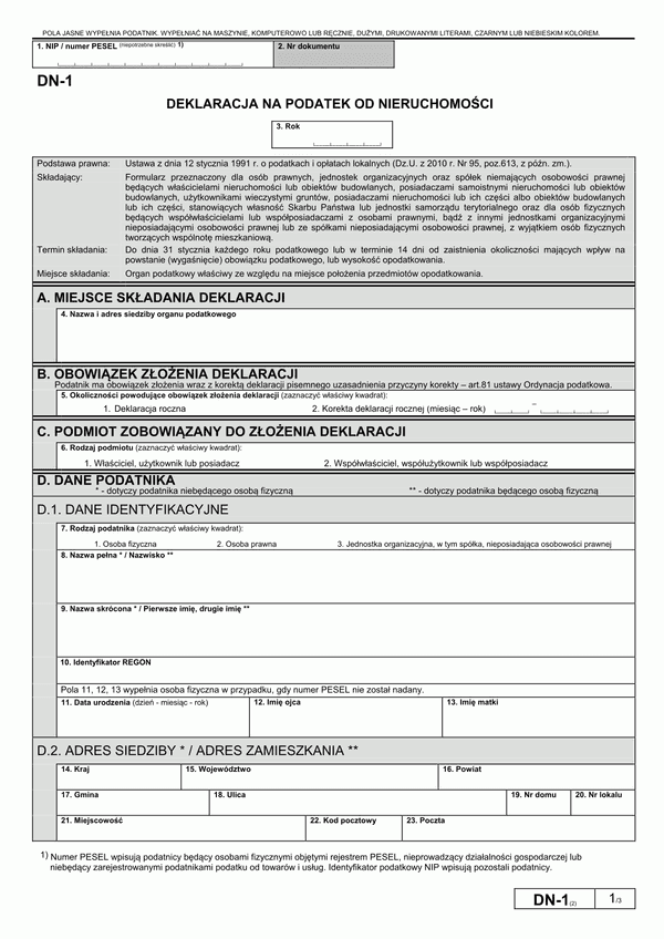 DN-1 (2) (archiwalny) Deklaracja na podatek od nieruchomości