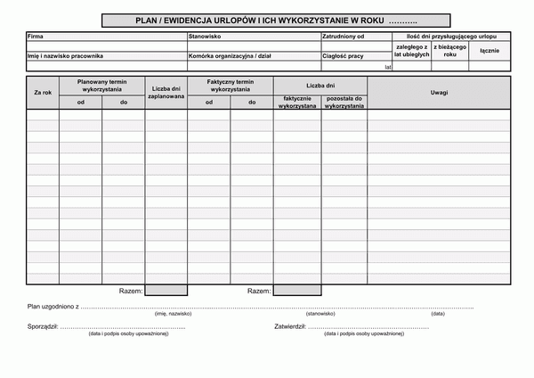 PEU Plan / ewidencja urlopów i ich wykorzystanie w roku