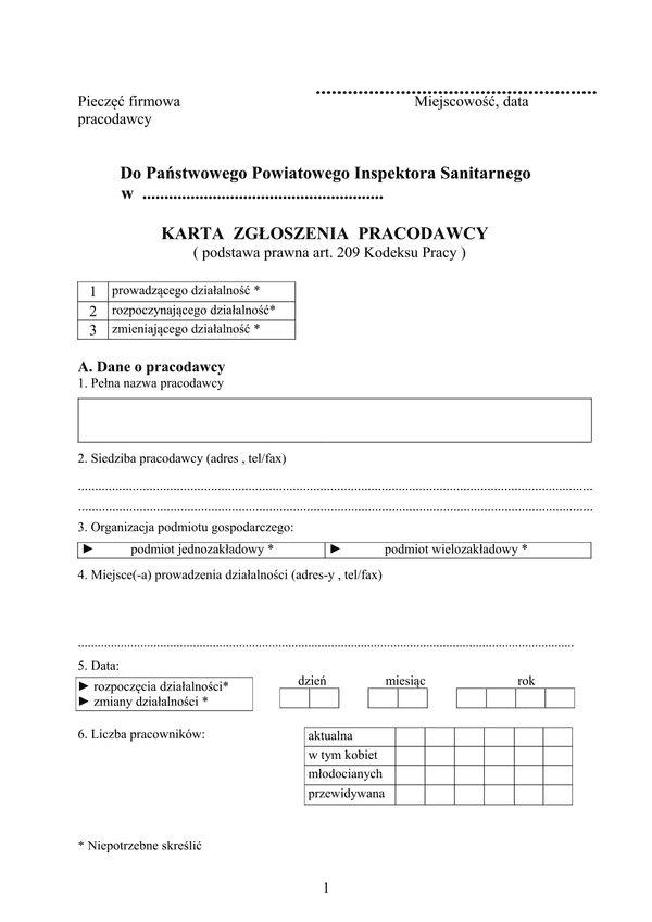 KZP-Z Karta zgłoszenia pracodawcy do Powiatowego Inspektora Sanitarnego - podstawa prawna art.209 Kodeksu Pracy (4 str)