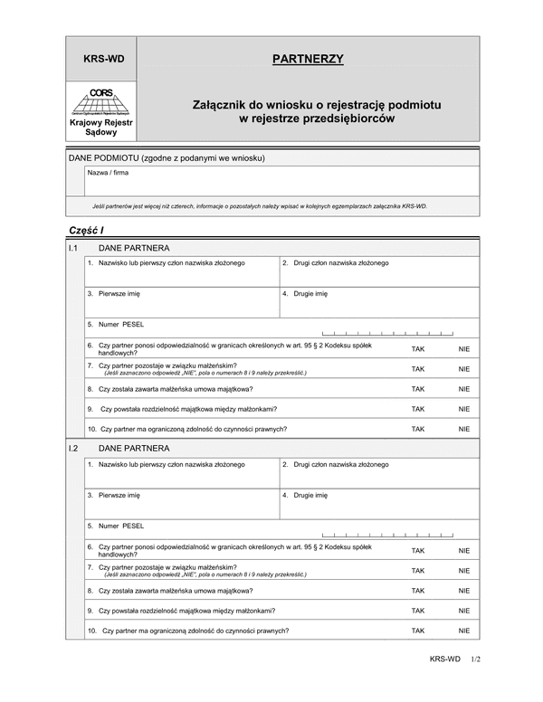 KRS-WD Partnerzy - załącznik do wniosku o rejestrację podmiotu w rejestrze przedsiębiorców