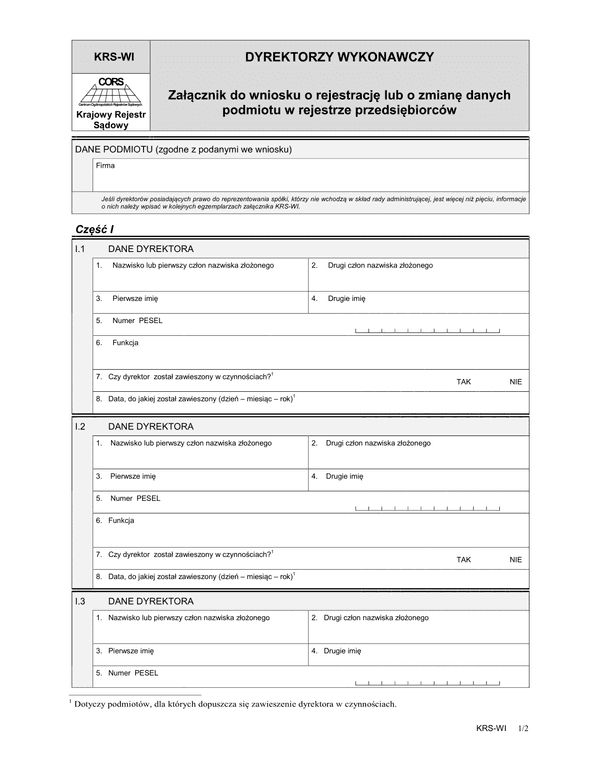 KRS-WI Dyrektorzy wykonawczy - załącznik do wniosku o rejestrację lub o zmianę danych podmiotu w rejestrze przedsiębiorców