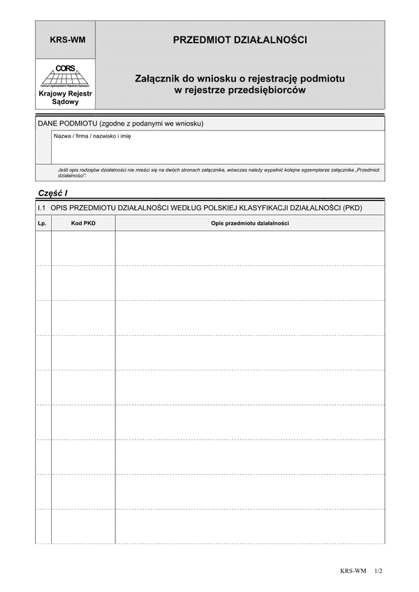 KRS-WM (archiwalny) Przedmiot działalności - załącznik do wniosku o rejestrację podmiotu w rejestrze przedsiębiorców
