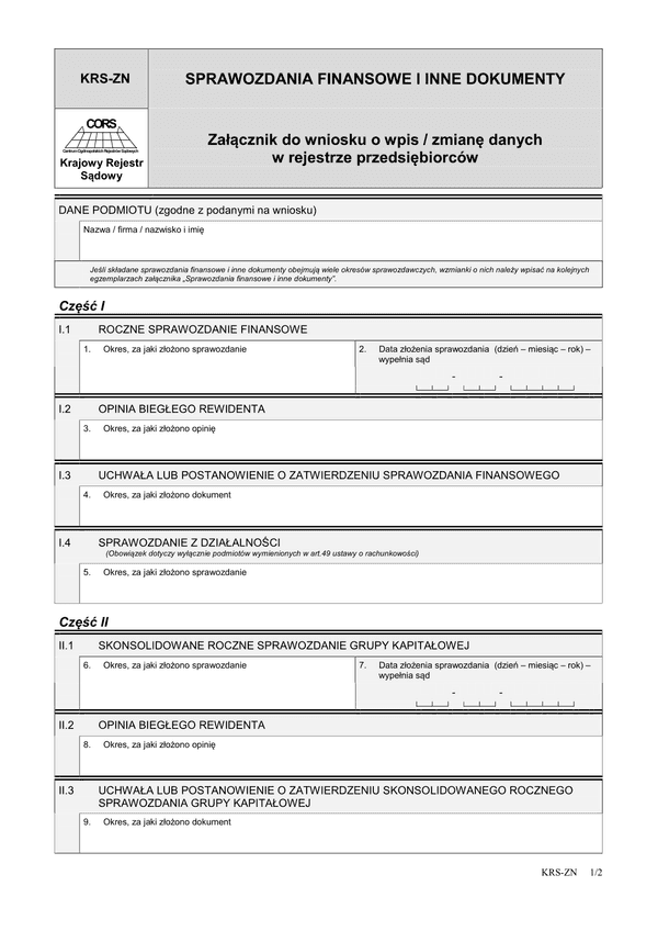 KRS-ZN (archiwalny) Sprawozdania finansowe i inne dokumenty - załącznik do wniosku o wpis/zmianę danych w rejestrze przedsiębiorców