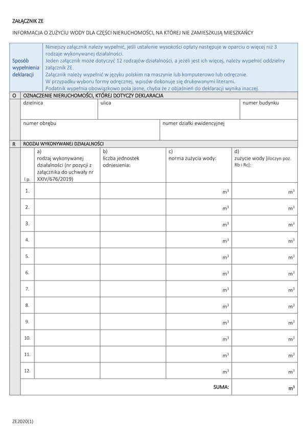 ZE (archiwalny) Załącznik do deklaracji - Informacje o zużyciu wody dla części nieruchomości, na której nie zamieszkują mieszkańcy