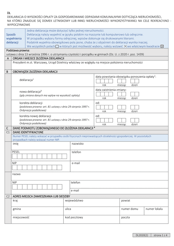 D-L (archiwalny) Deklaracja o wysokości opłaty za gospodarowanie odpadami komunalnymi dla nieruchomości, na której znajduje się domek letniskowy lub innej nieruchomości wykorzystywanej na cele rekreacyjno-wypoczynkowe