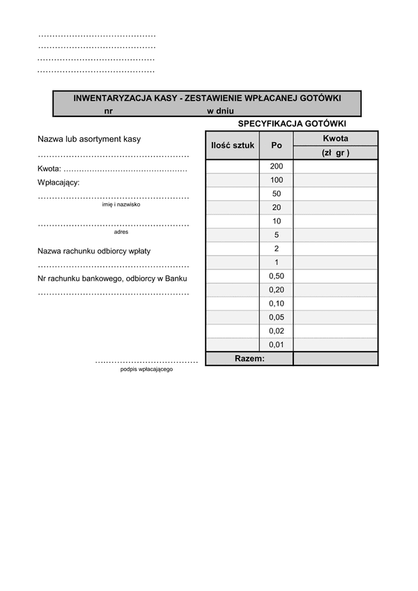 IKZ Inwentaryzacja kasy - zestawienie wpłacanej gotówki