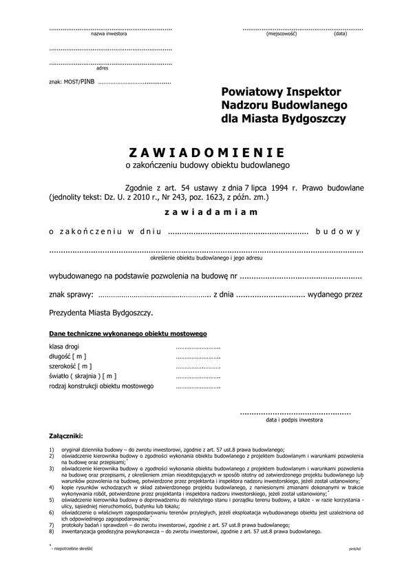 ZZB-mB (m) (archiwalny) Zawiadomienie o zakończeniu budowy mostu miasto Bydgoszcz