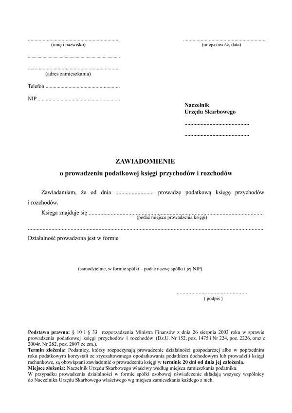 ZZ-KP (archiwalny) Zawiadomienie o prowadzeniu podatkowej księgi przychodów i rozchodów