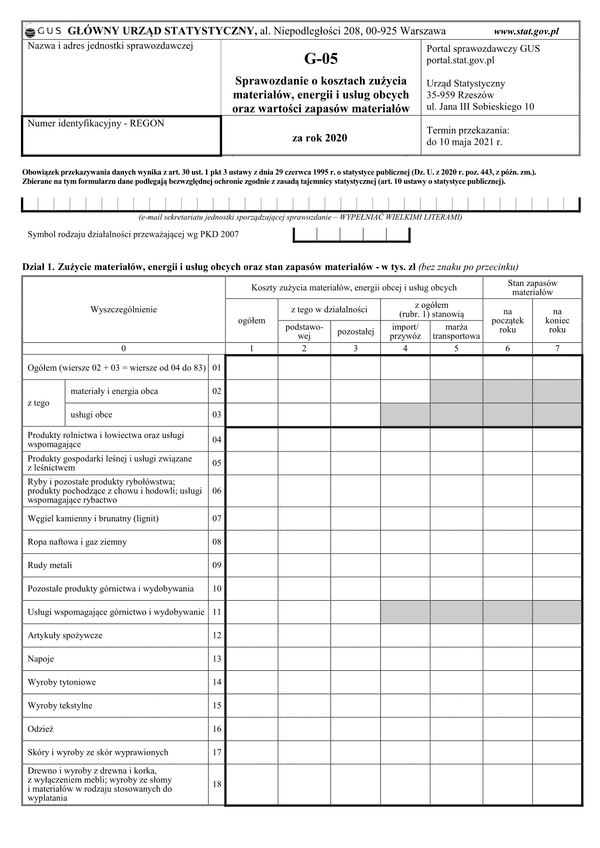 GUS G-05 (archiwalny) Sprawozdanie o kosztach zużycia materiałów, energii i usług obcych oraz wartości zapasów materiałów za rok 2020