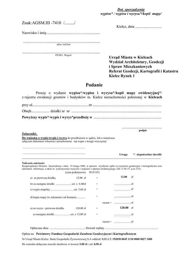 WWWEGB-mK (archiwalny) Wniosek o wydanie wypisu i wyrysu z rejestru ewidencji gruntów i budynków miasto Kielce