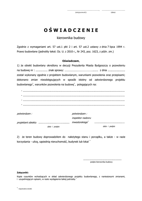 OKBZRZ-B(P) Oświadczenie kierownika budowy o zakończeniu robót budowlanych ze zmianami nieodstępującymi w sposób istotny od zatwierdzonego projektu  Bydgoszcz