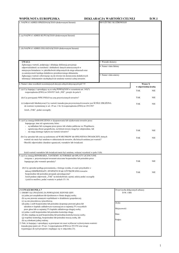 D.W.1 Deklaracja wartości celnej D.W.1