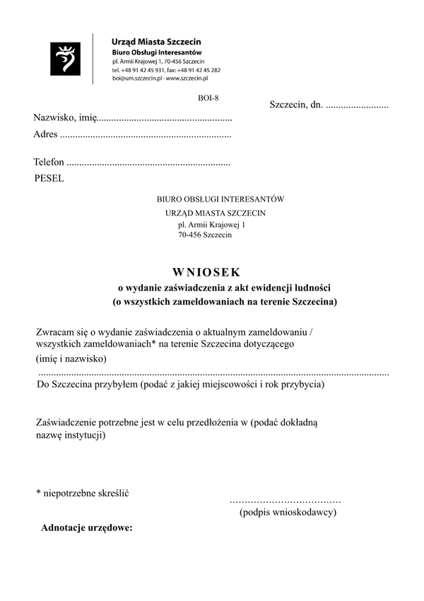 WoWZZ-Sz (wsz) Wniosek o wydanie zaświadczenia o wszystkich zameldowaniach na terenie miasta Szczecin