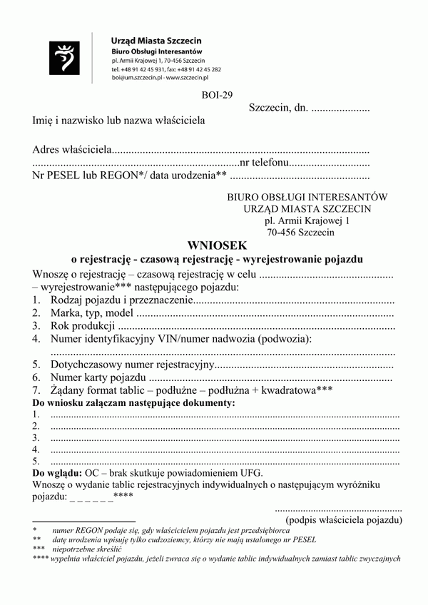 WoRWP-Sz (archiwalny) Wniosek o rejestrację, czasową rejestrację i wyrejestrowanie pojazdu Szczecin