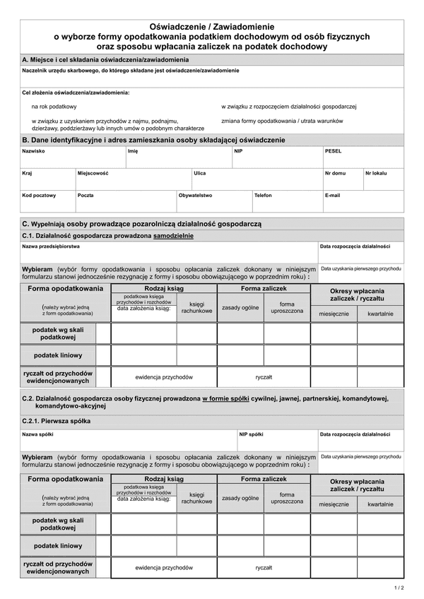 OWFO (archiwalny) Oświadczenie / zawiadomienie o wyborze formy opodatkowania podatkiem dochodowym od osób fizycznych oraz sposobu wpłacania zaliczek na podatek dochodowy