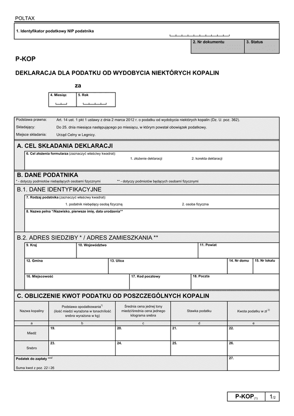 P-KOP (1) Deklaracja dla podatku od wydobycia niektórych kopalin
