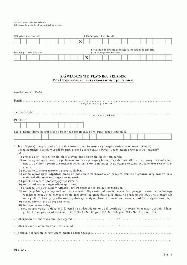 ZUS Z-3a (archiwalny) Zaświadczenie płatnika składek