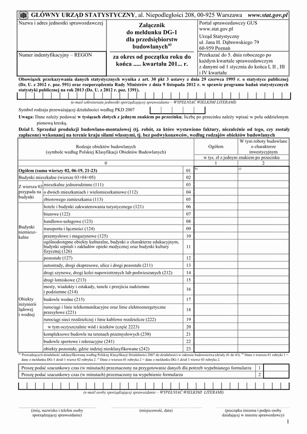 GUS DG-1 ZAŁ (2013) (archiwalny) Załącznik do meldunku DG-1 dla przedsiębiorstw budowlanych