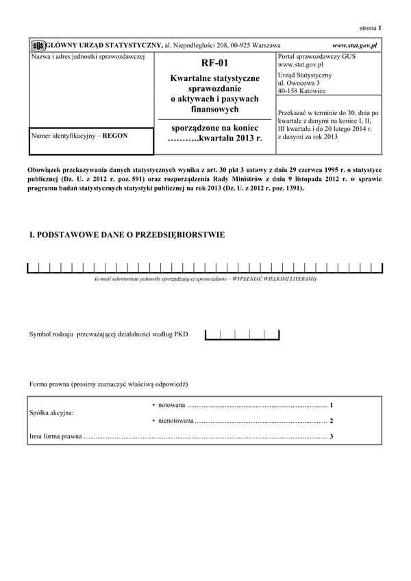 GUS RF-01 (2013) (archiwalny) Kwartalne statystyczne sprawozdanie o aktywach i pasywach finansowych